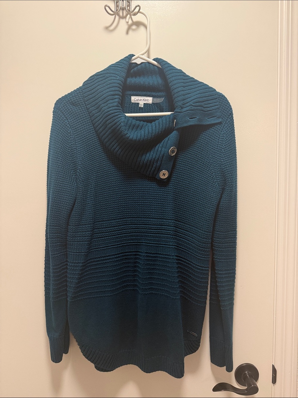 Calvin Klein Teal Ribbed Button Cowl Sweater